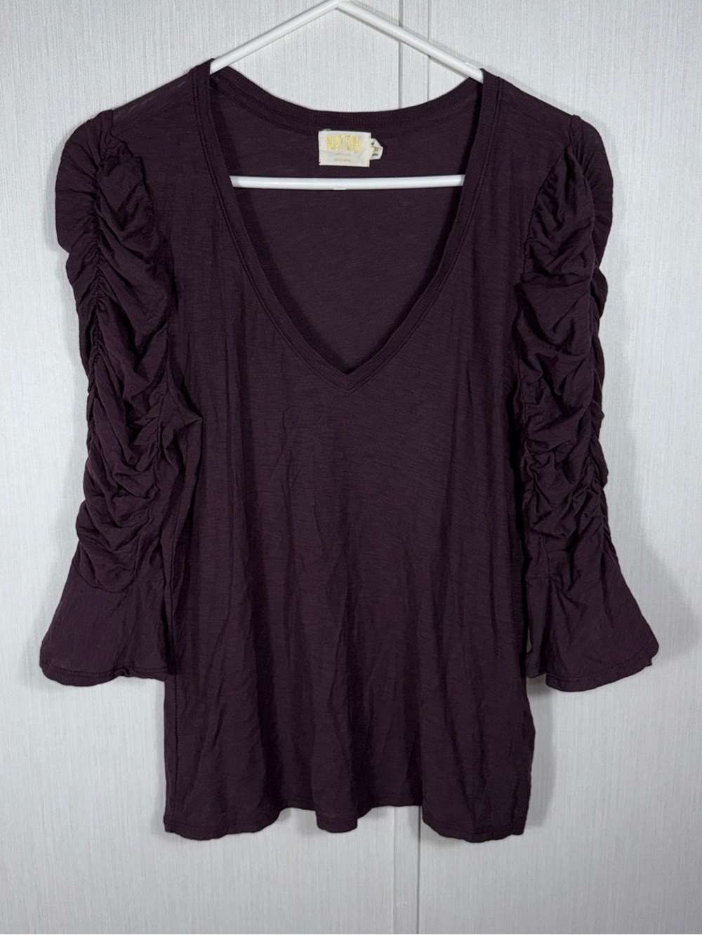 Nation LTD M Silvia Ruched Flounce Sleeve V-neck Tee in Plum Purple Pima Cotton